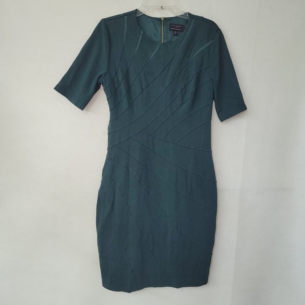 Ted‎ Baker London Teal Green Sheath Dress Short Sleeve Zipper Detail Size 4